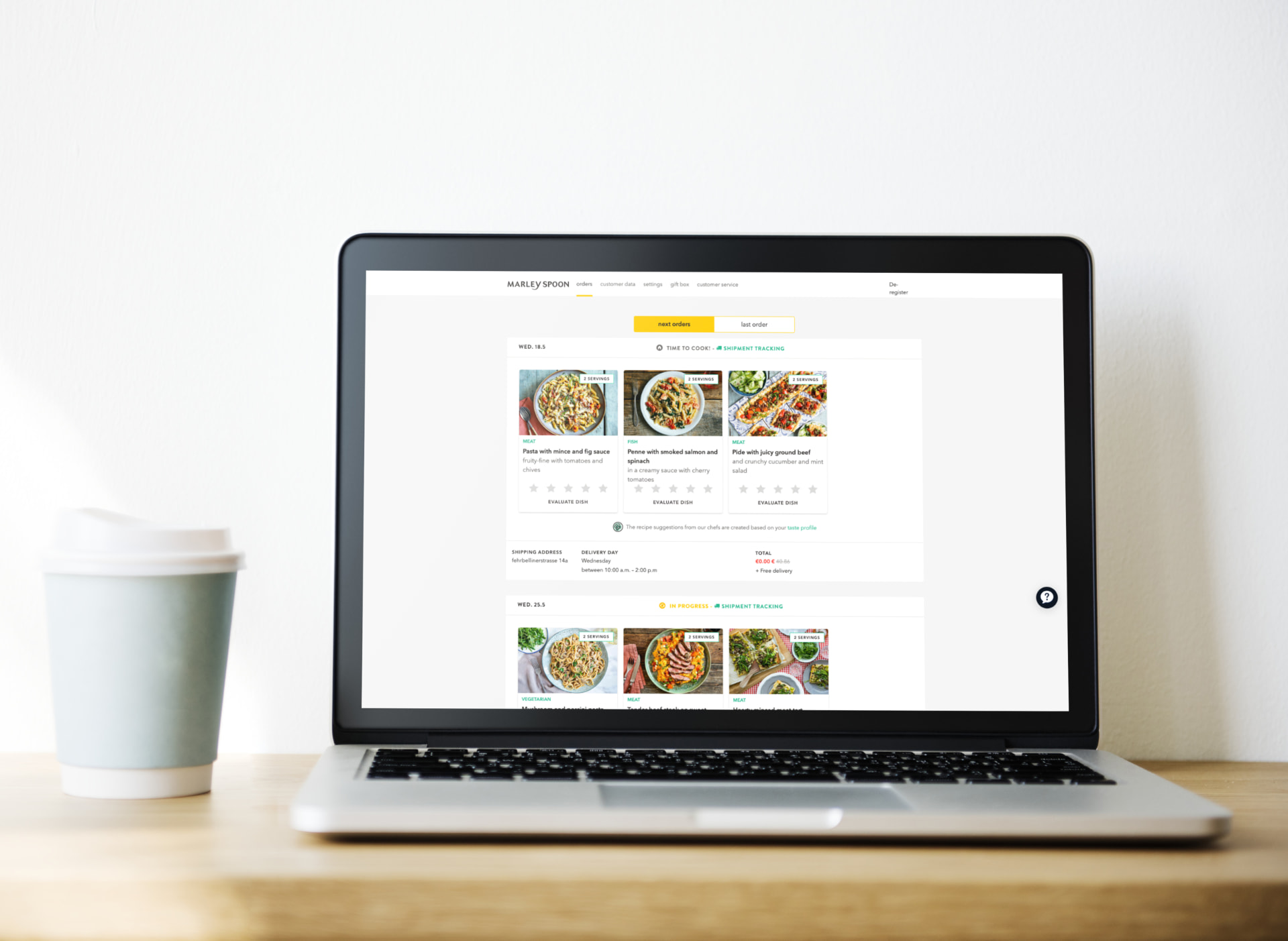 Marley Spoon web orders interface showing recipe selections and delivery details on a laptop