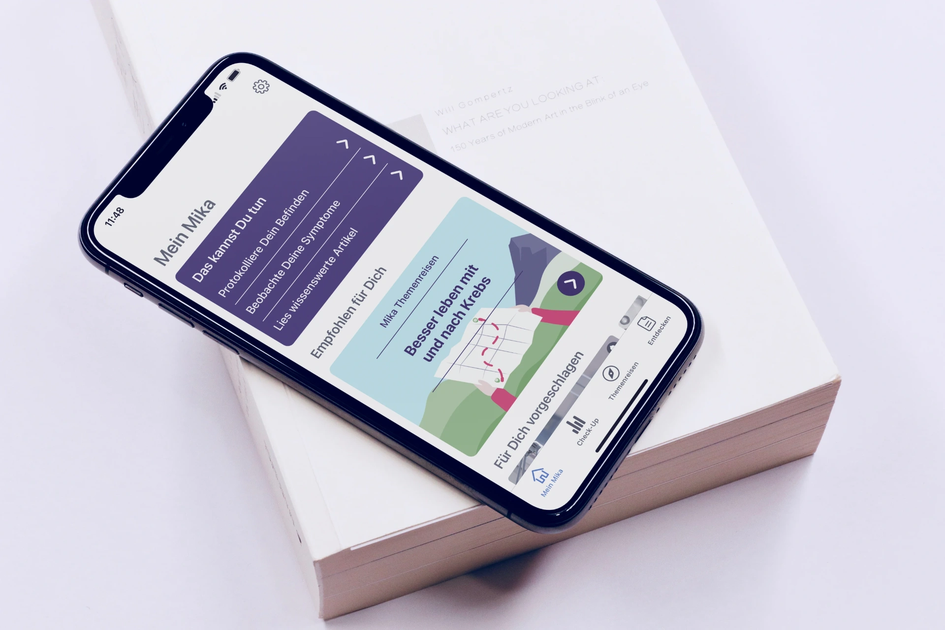 Mika home screen on an iPhone showing quick actions and recommended content