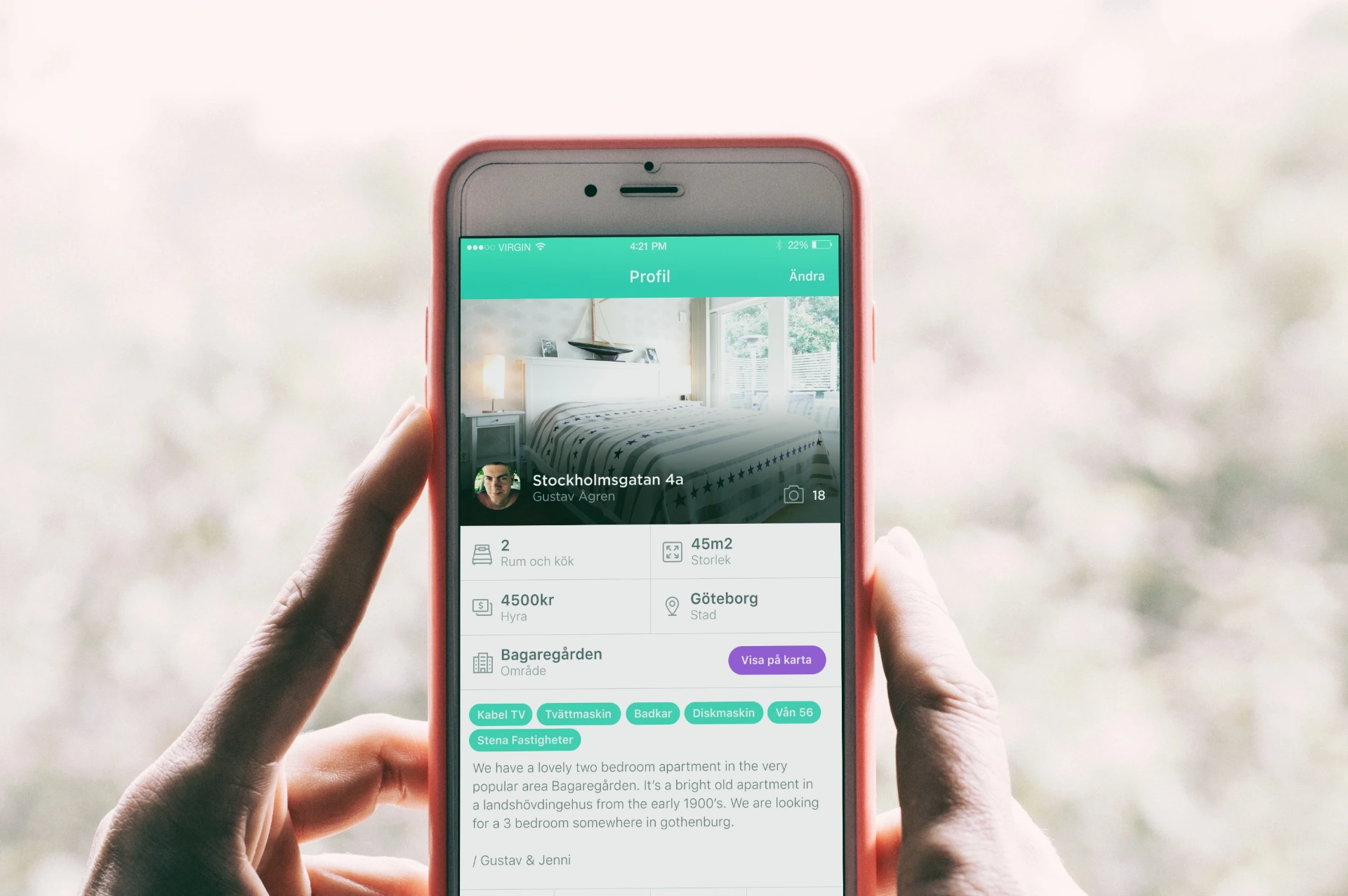 Switchplace Swedish apartment listing profile with amenity tags on an iPhone