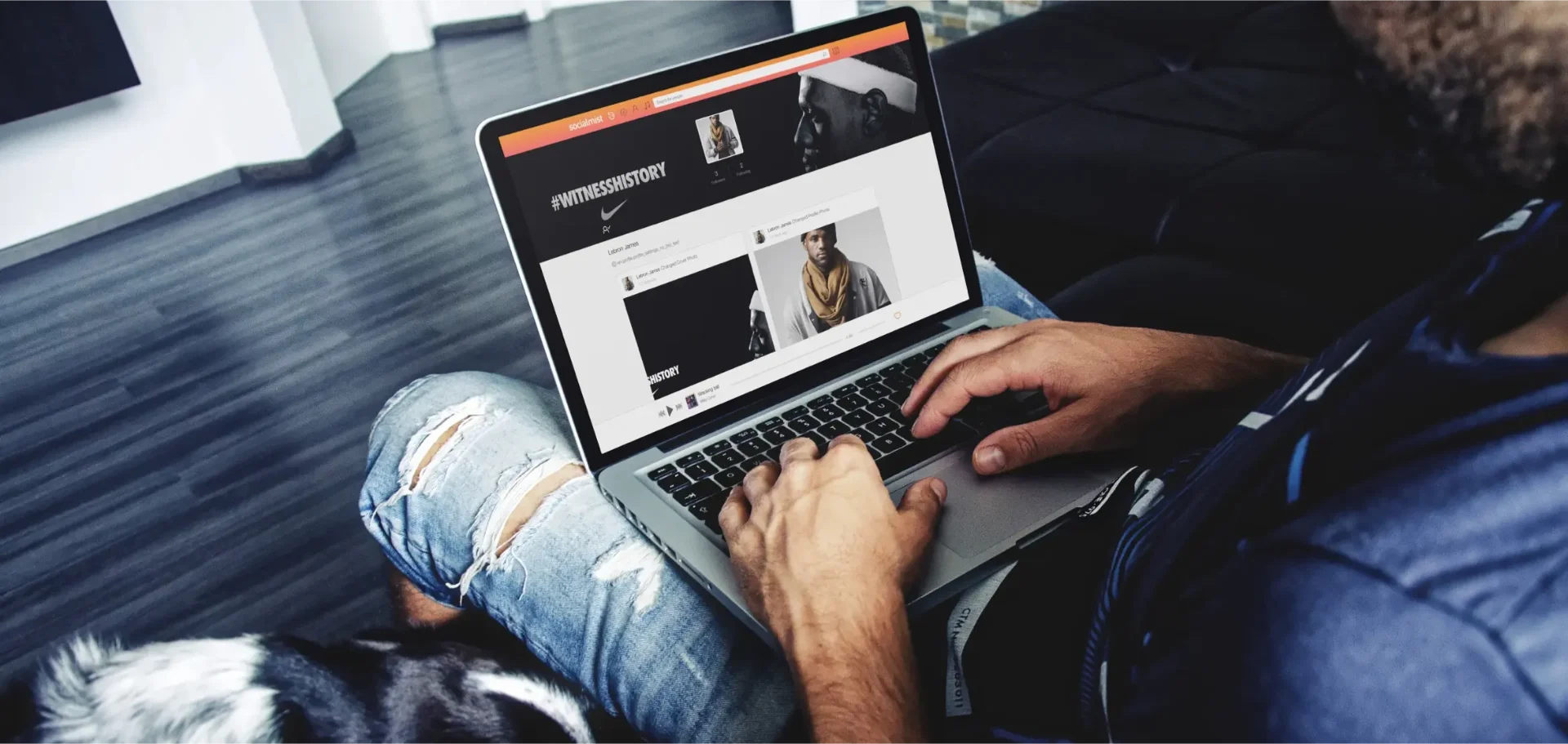Socialmist web app on a laptop showing the #WITNESSHISTORY artist profile