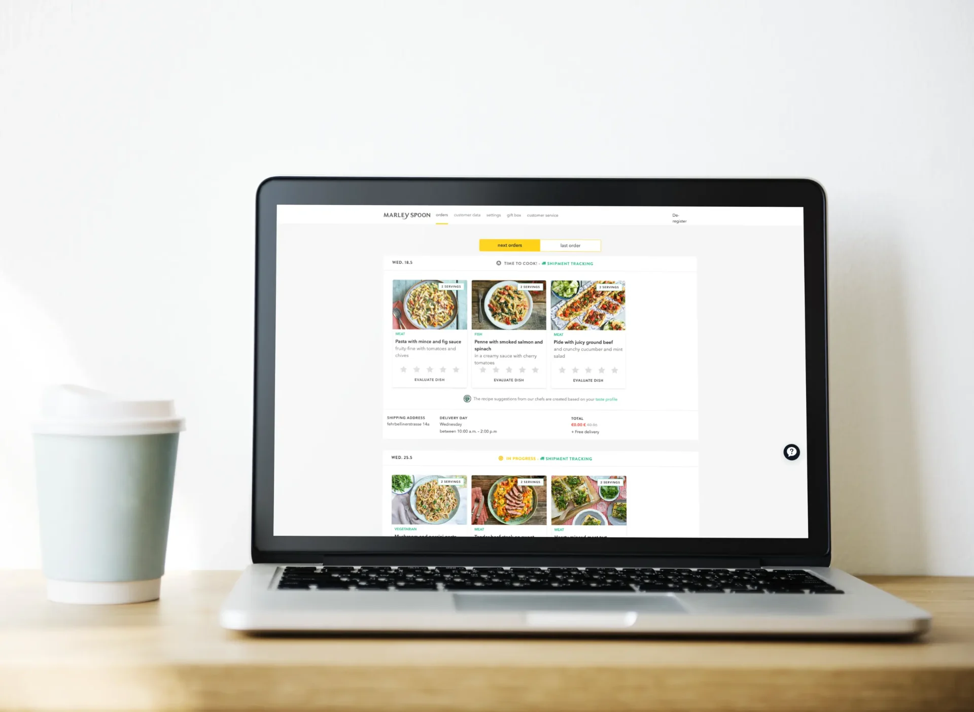 Marley Spoon orders dashboard on a laptop showing upcoming meal-kit deliveries